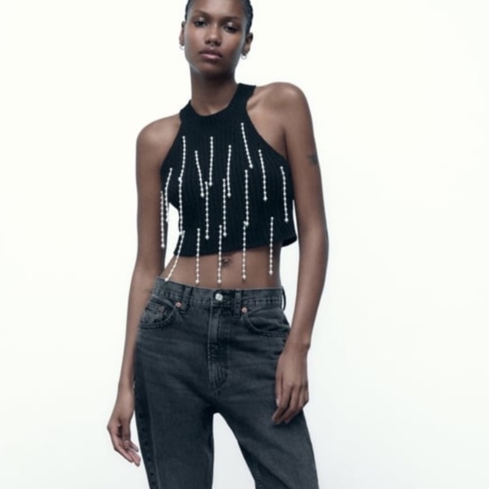 ZARA BLACK PEARL KNIT CROPPED TOP - Ref. 7901/323 - Small